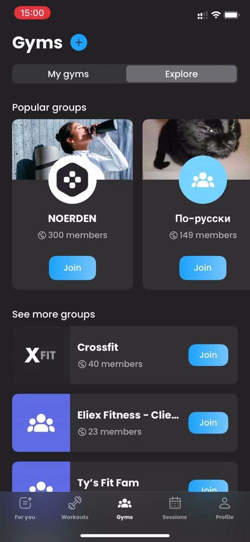 The bim communities screen: my gyms and explore, popular groups to join, and a list of more groups