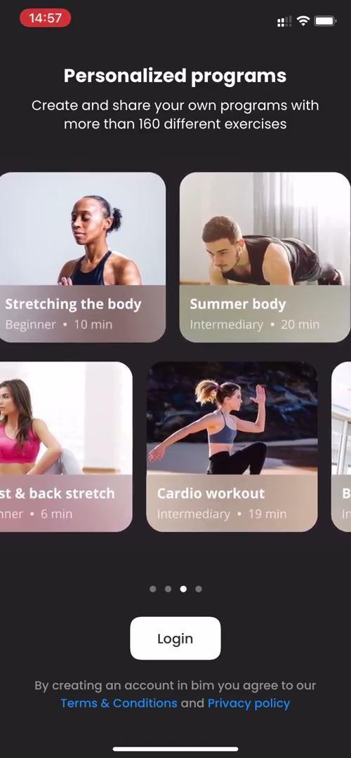 The bim onboarding screen: personalised programs, with workout cards and a login button