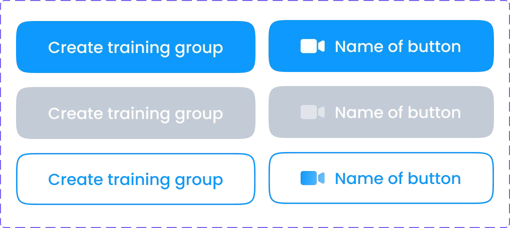 Button states: solid blue, disabled grey, and outlined, each with and without a leading icon