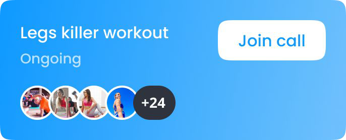 A live session banner in primary blue, with the session name, an ongoing label, the participants and a join call button