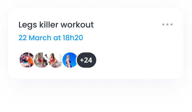 A scheduled session card with the date and time in blue, the participants, and an overflow menu