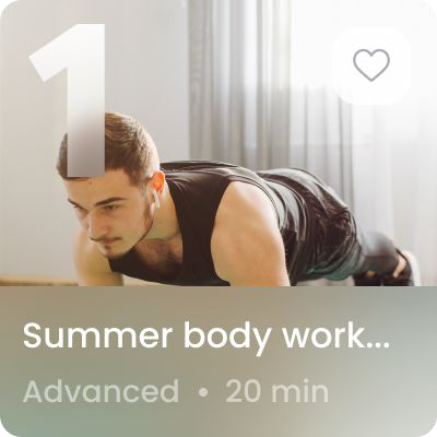 A ranked workout card with a large numeral, a favourite control, the workout name, its level and duration