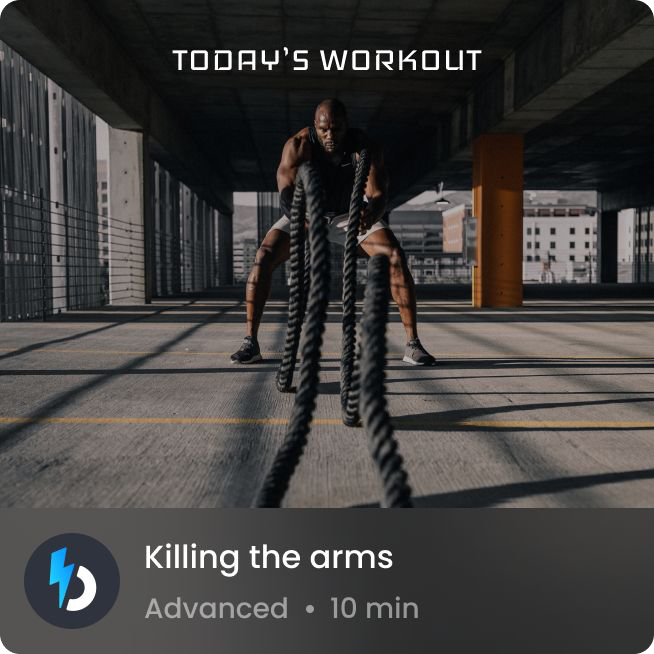 A featured workout card: a full bleed photo, the label today's workout, the workout name and its level and duration