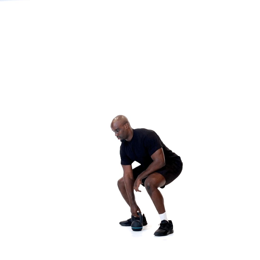 A frame from an exercise clip: a kettlebell lift, shot against a white background