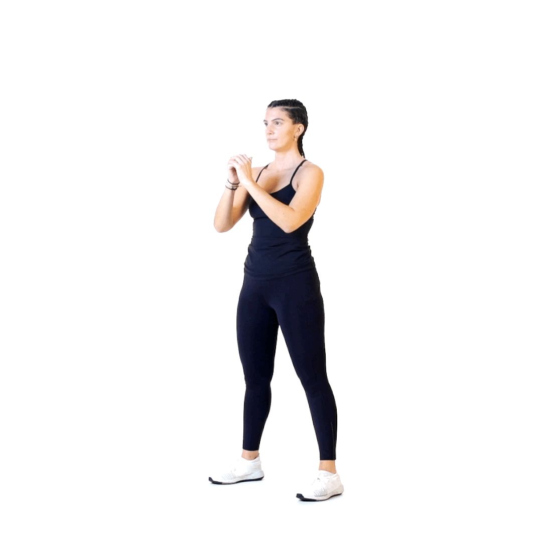 A frame from a second exercise clip, shot against the same white background