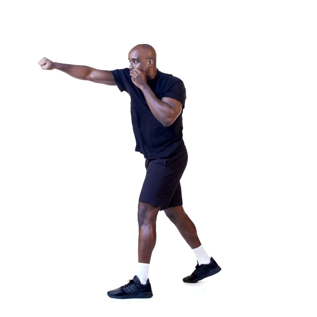 A frame from a third exercise clip, shot against the same white background