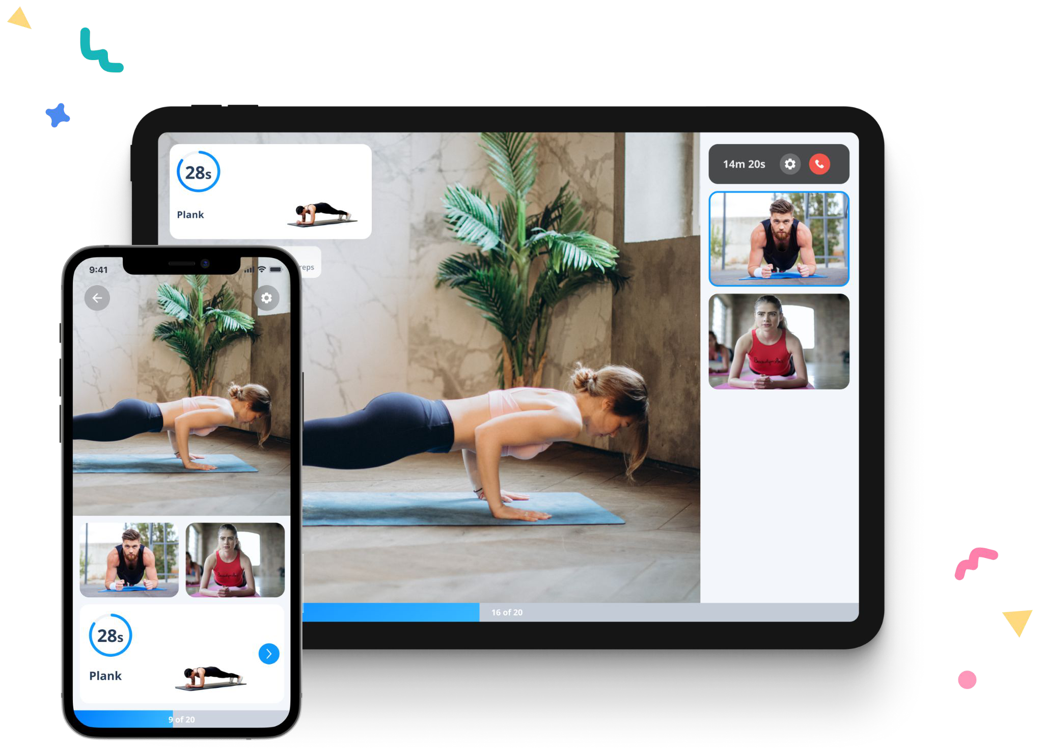 A phone and a tablet running the same bim session: the exercise video, a plank timer, and the other participants on video call