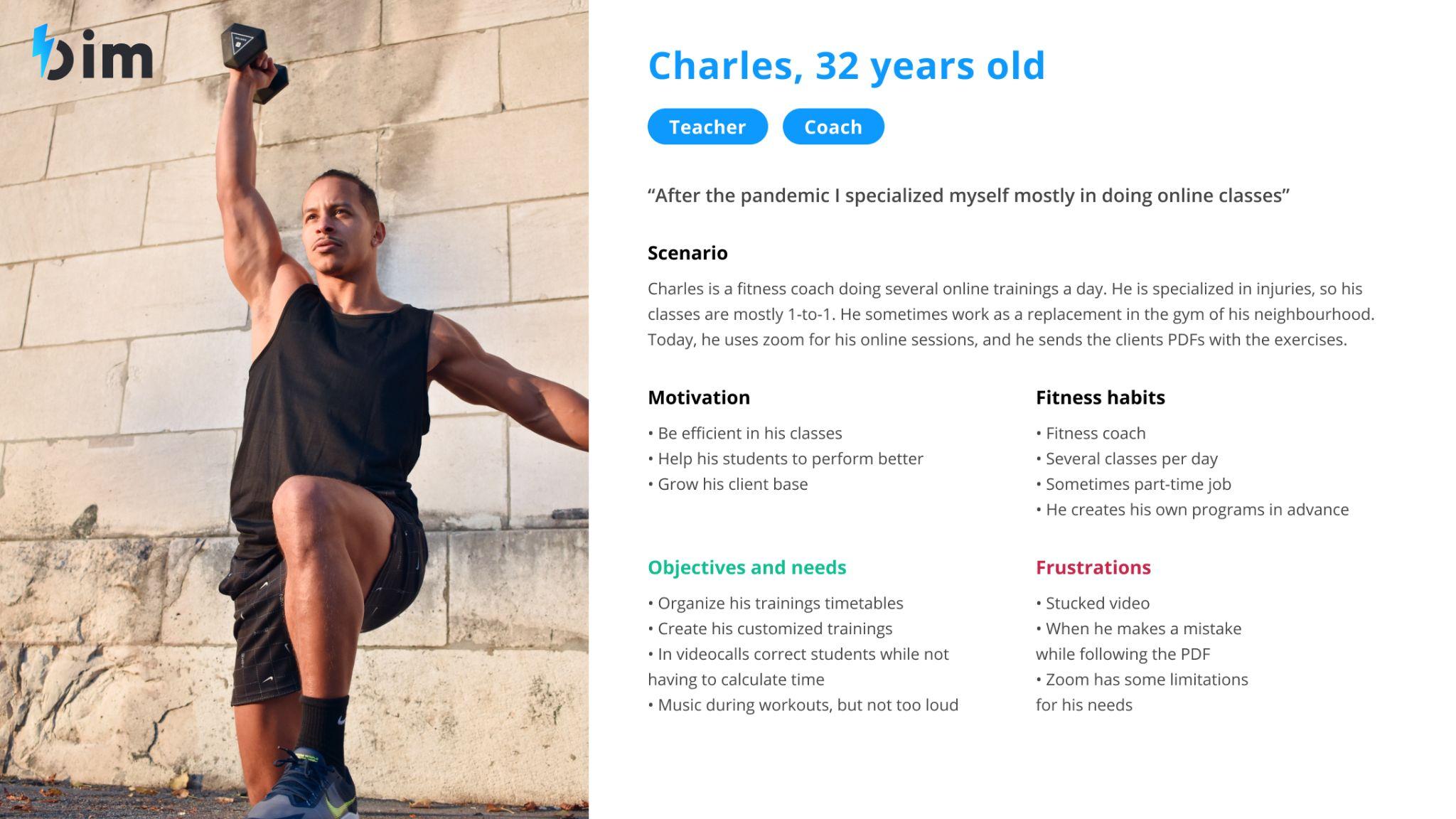 Persona card for Charles, 32, a fitness coach specialised in injuries, with his scenario, motivations, objectives and frustrations