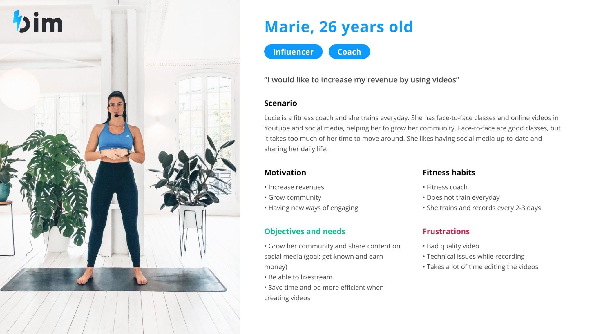 Persona card for a coach and influencer, 26, with her scenario, motivations, objectives and frustrations
