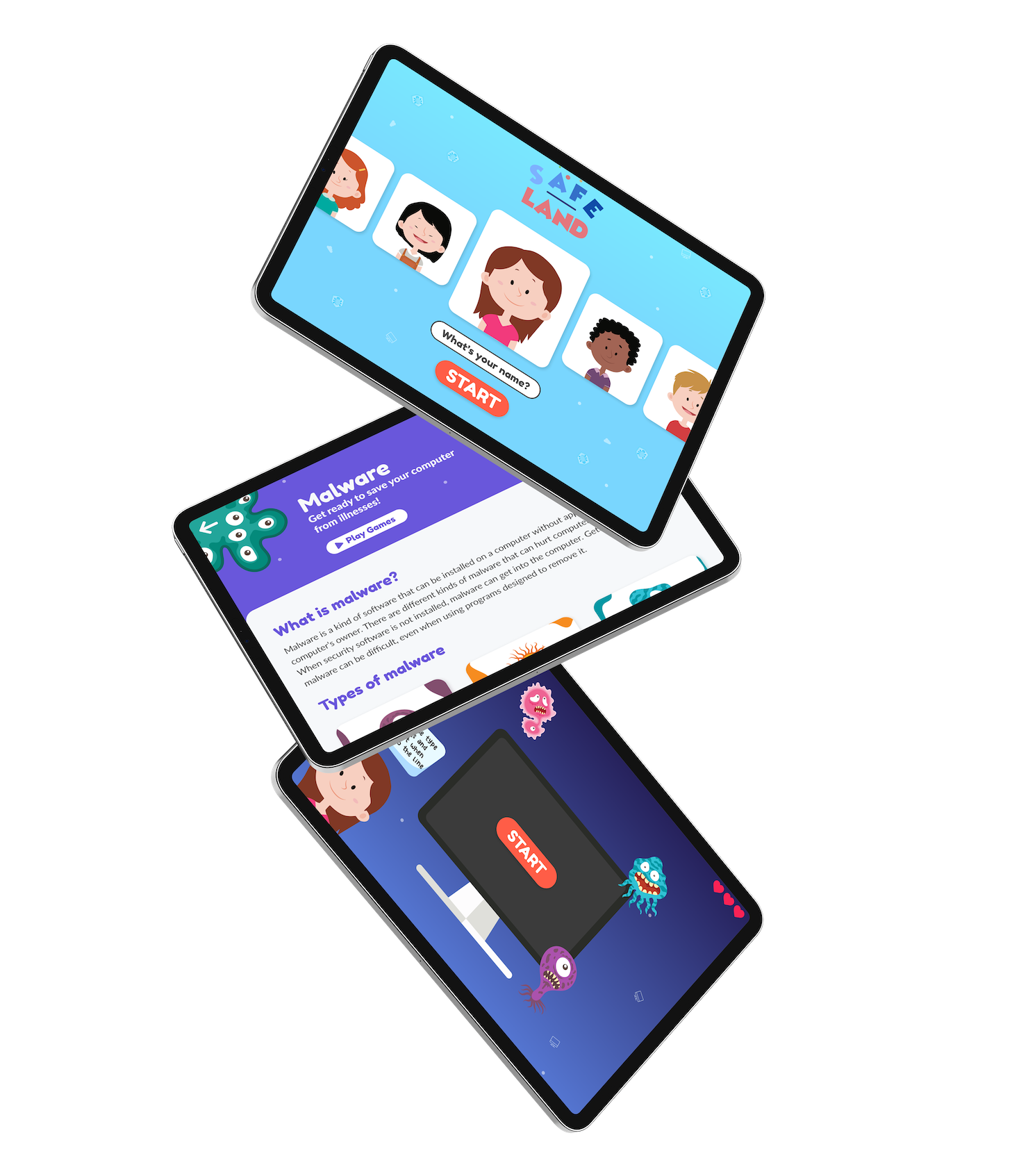 Three iPads showing SafeLand: the profile picker, a malware lesson and a minigame