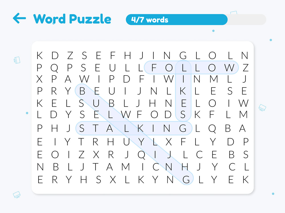 The word puzzle game: a letter grid with the words follow, likes and stalking found, four of seven