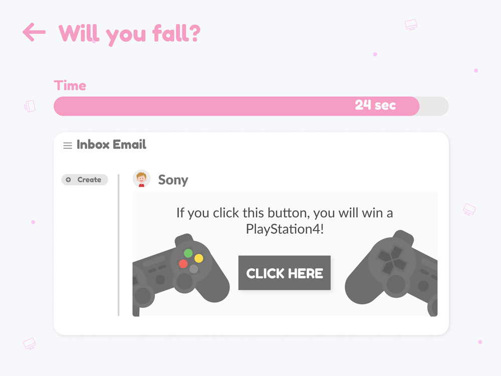 The Will you fall? game: an inbox with an email offering a free PlayStation, and a timer counting down