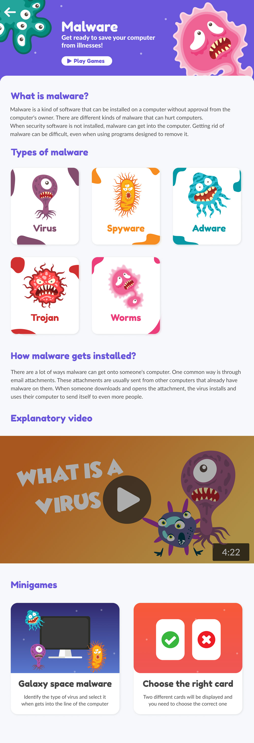 The malware lesson: what malware is, five types of malware as illustrated cards, how it gets installed, an explanatory video and two minigames