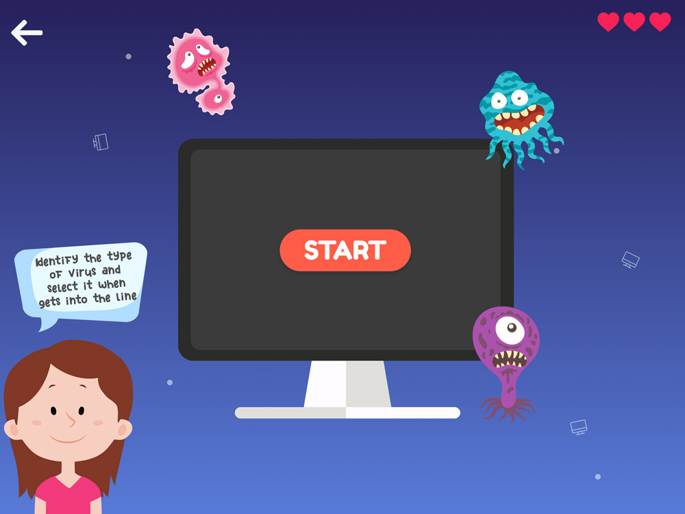 The galaxy space malware game on its start screen, with viruses floating around a computer