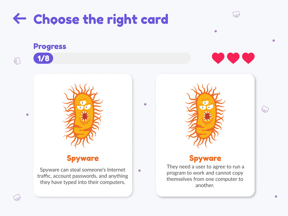 The Choose the right card game: two spyware cards with different descriptions, a progress bar and three lives