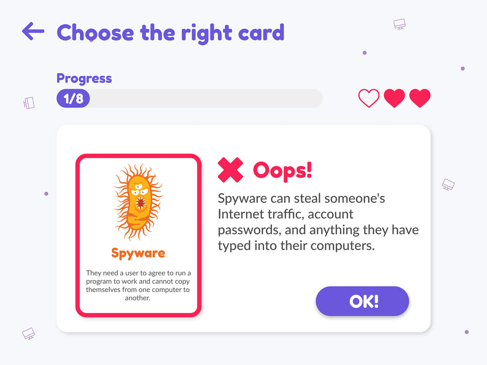 The same game after a wrong answer: the chosen card outlined in red, with an explanation of the right answer
