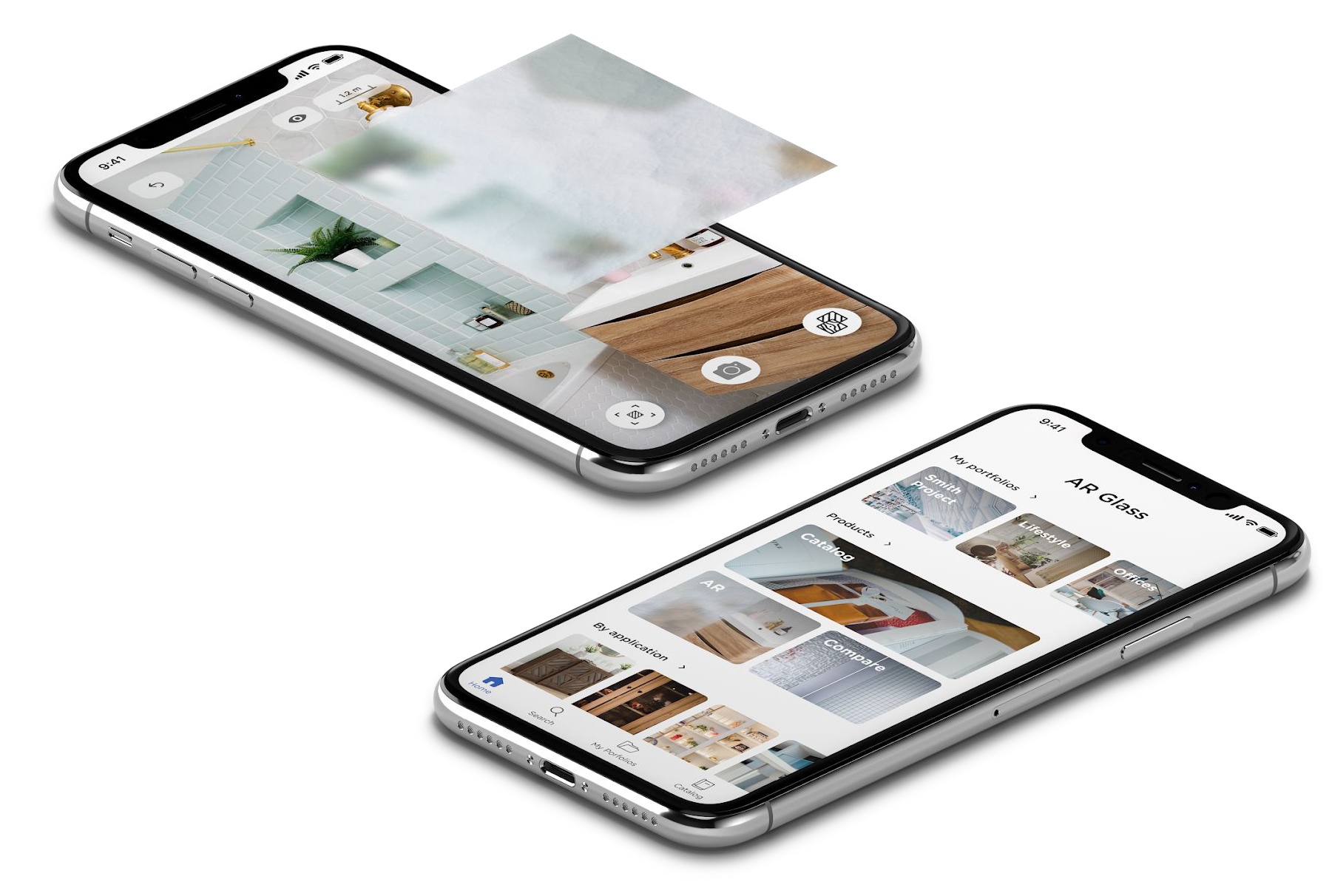 Two phones: one showing a glass texture placed in a room through the camera, the other the glass catalogue