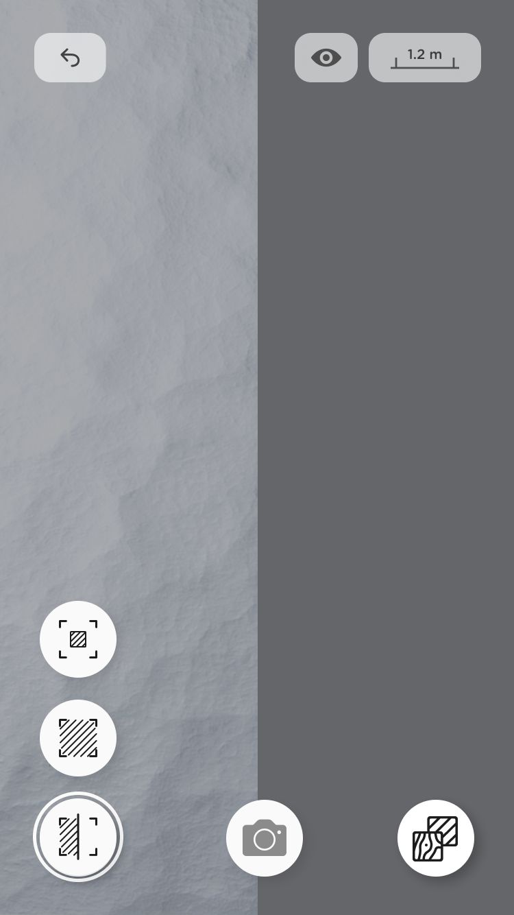 Wireframe of the augmented reality view: the glass placed on a wall through the camera, with a distance readout