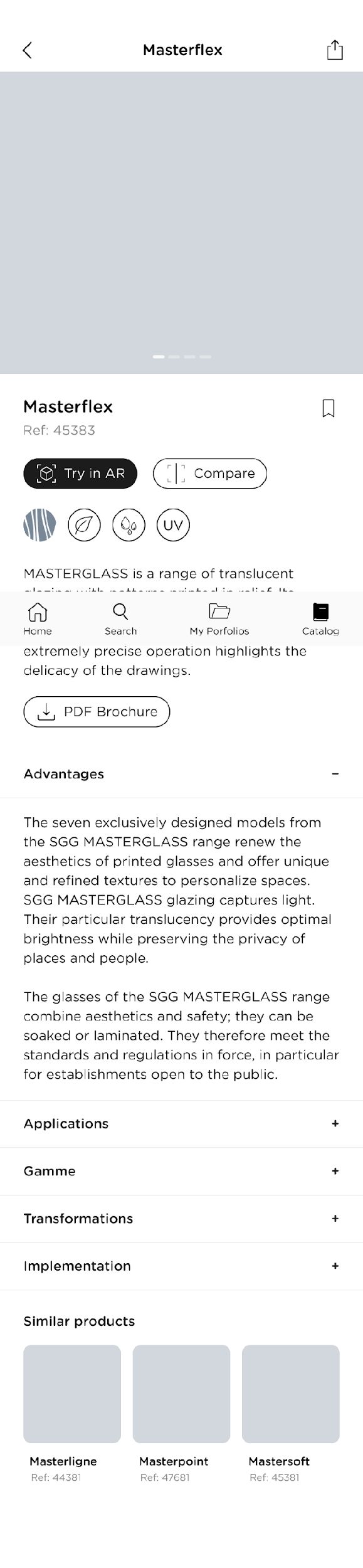 Wireframe of a product detail screen: the glass, its reference, try in AR and compare, and the specifications