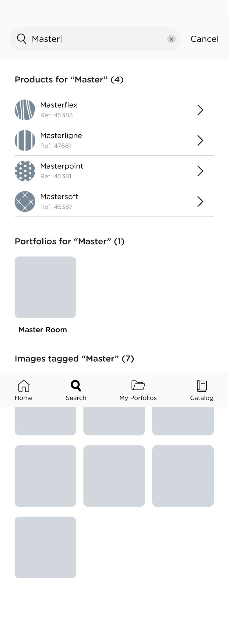 Wireframe of searching the catalogue: matching products, portfolios and tagged images