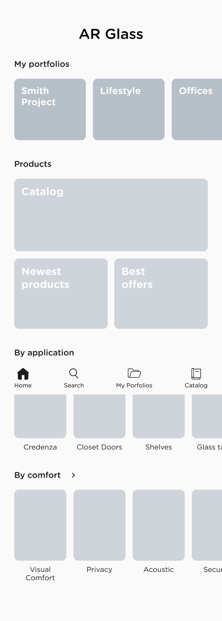 Wireframe of the catalogue home screen: my portfolios, products, and browsing by application