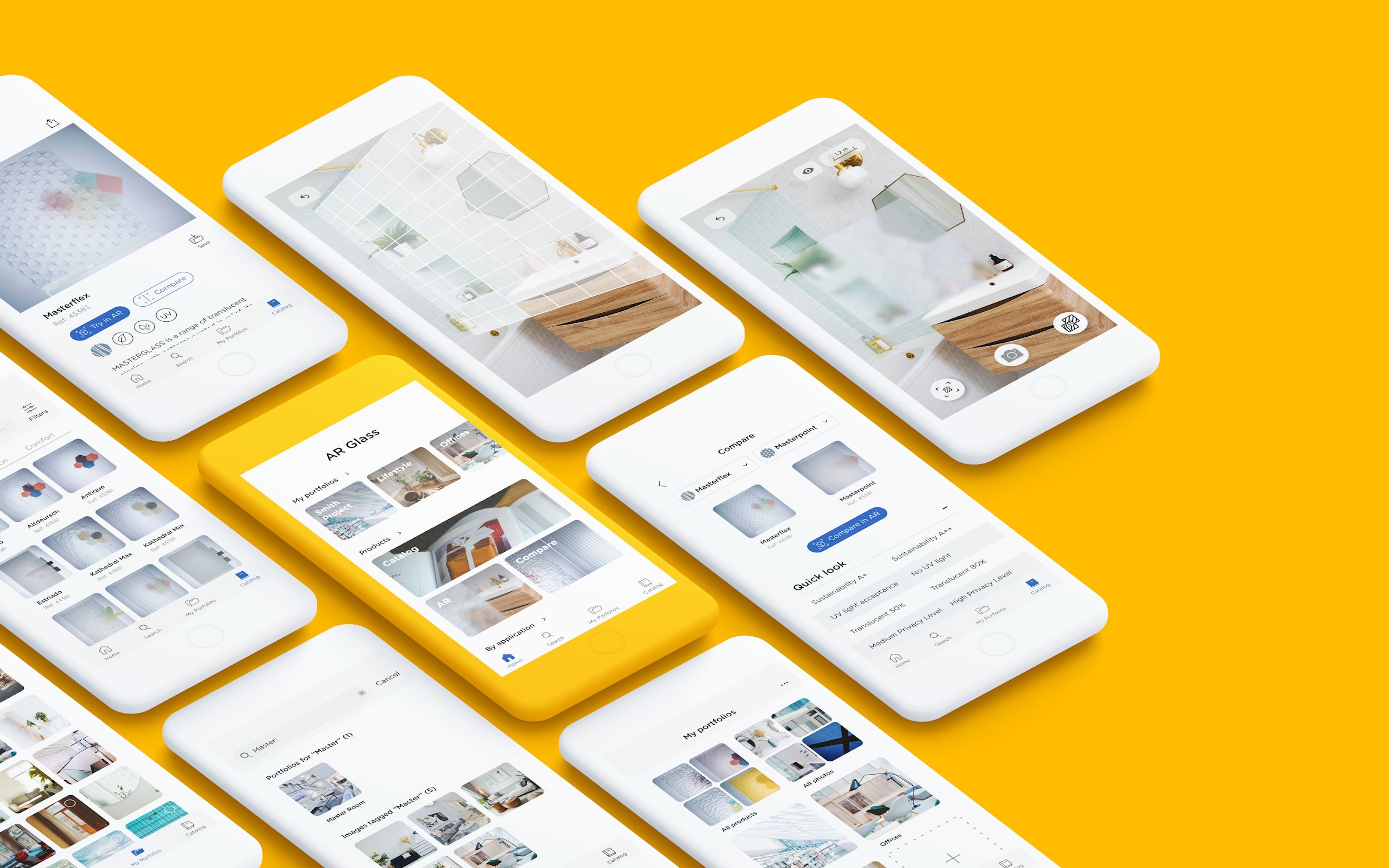 The finished app screens: the catalogue grid, collections, product details and the augmented reality view
