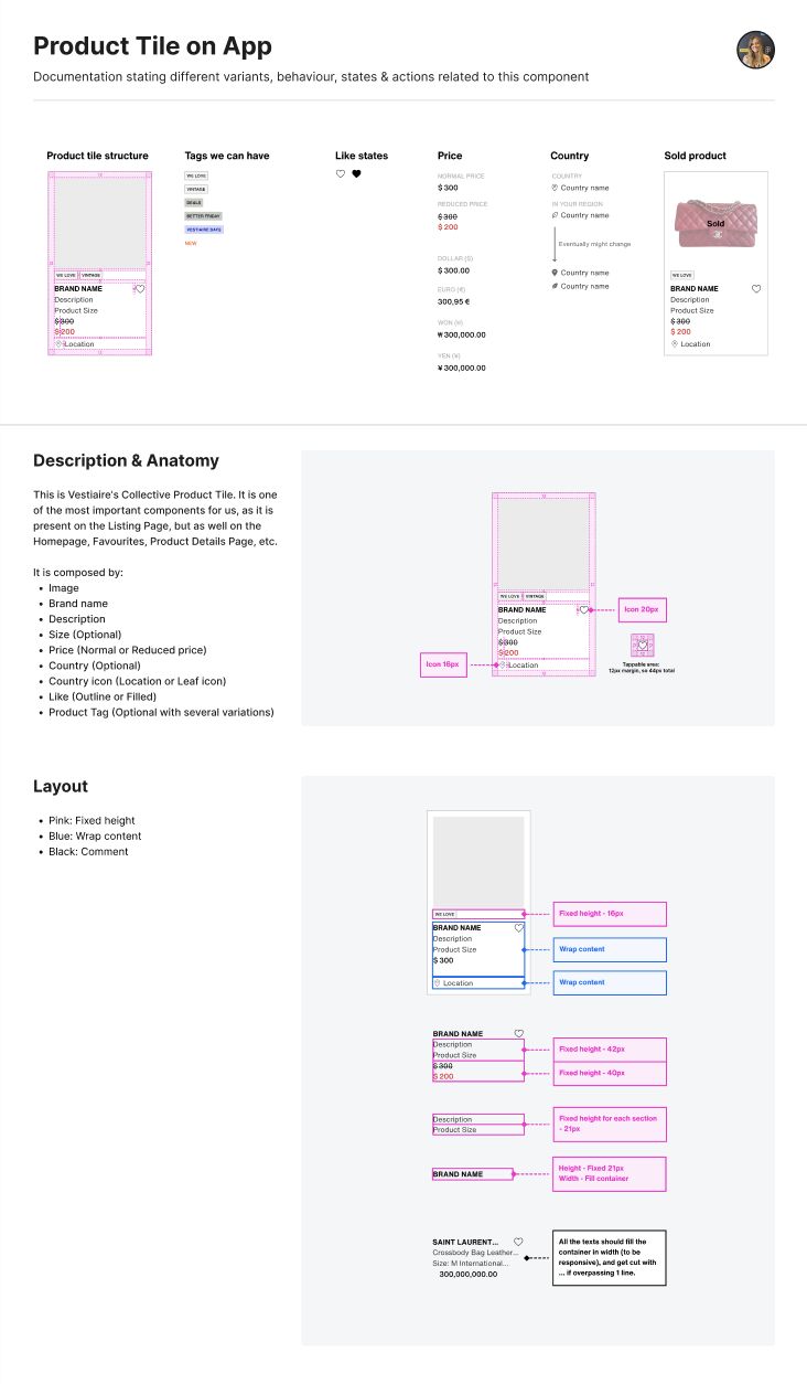 Handoff documentation for the product tile, with sizes, spacing and states specified