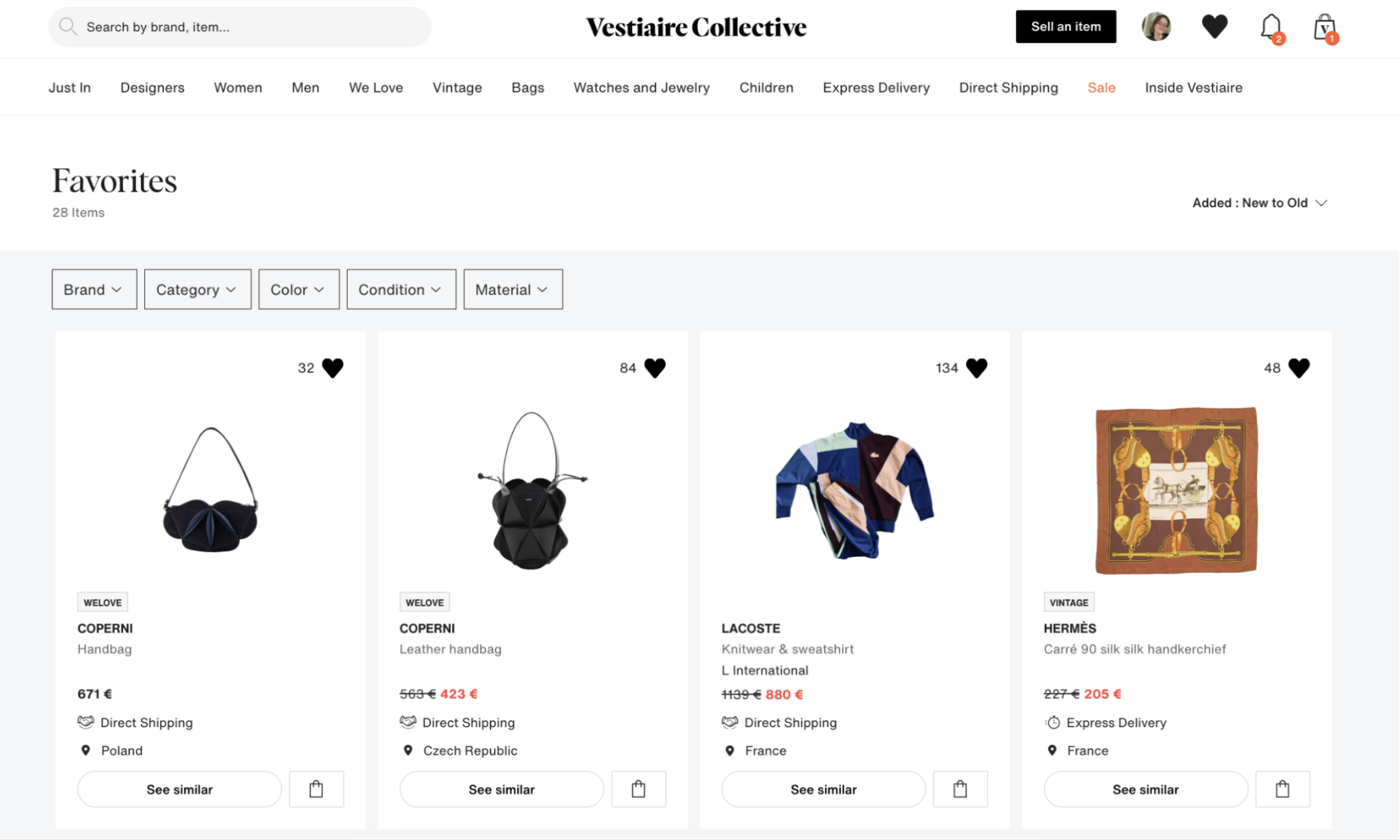 Favorites on web after the redesign: filter controls above the grid and tiles carrying See similar and Add to cart