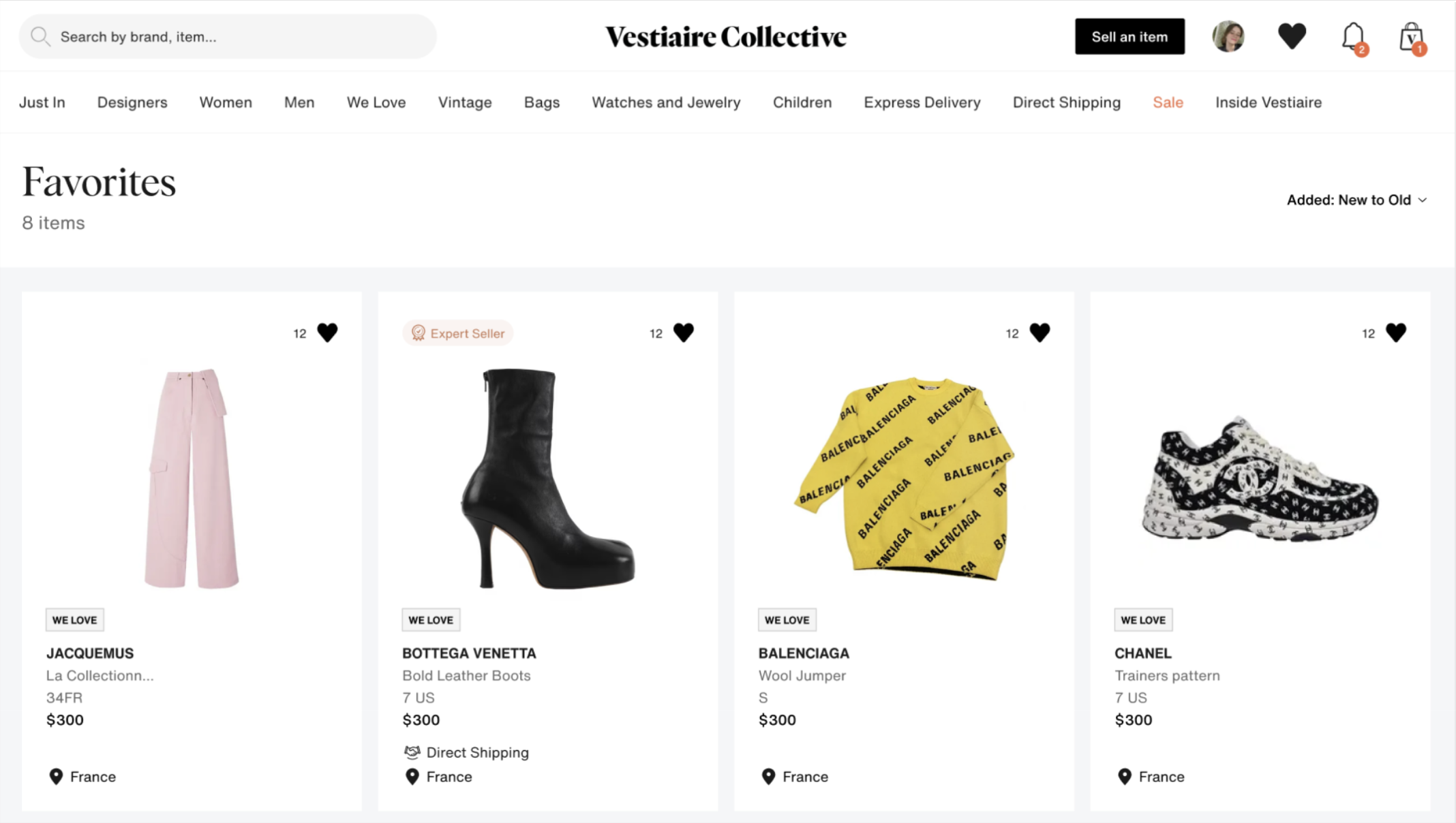 Favorites on web before the redesign: a plain grid of saved items with only a sort control
