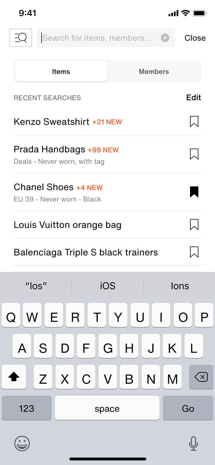 The app search screen after, showing saved searches and the bookmark icon with its tooltip