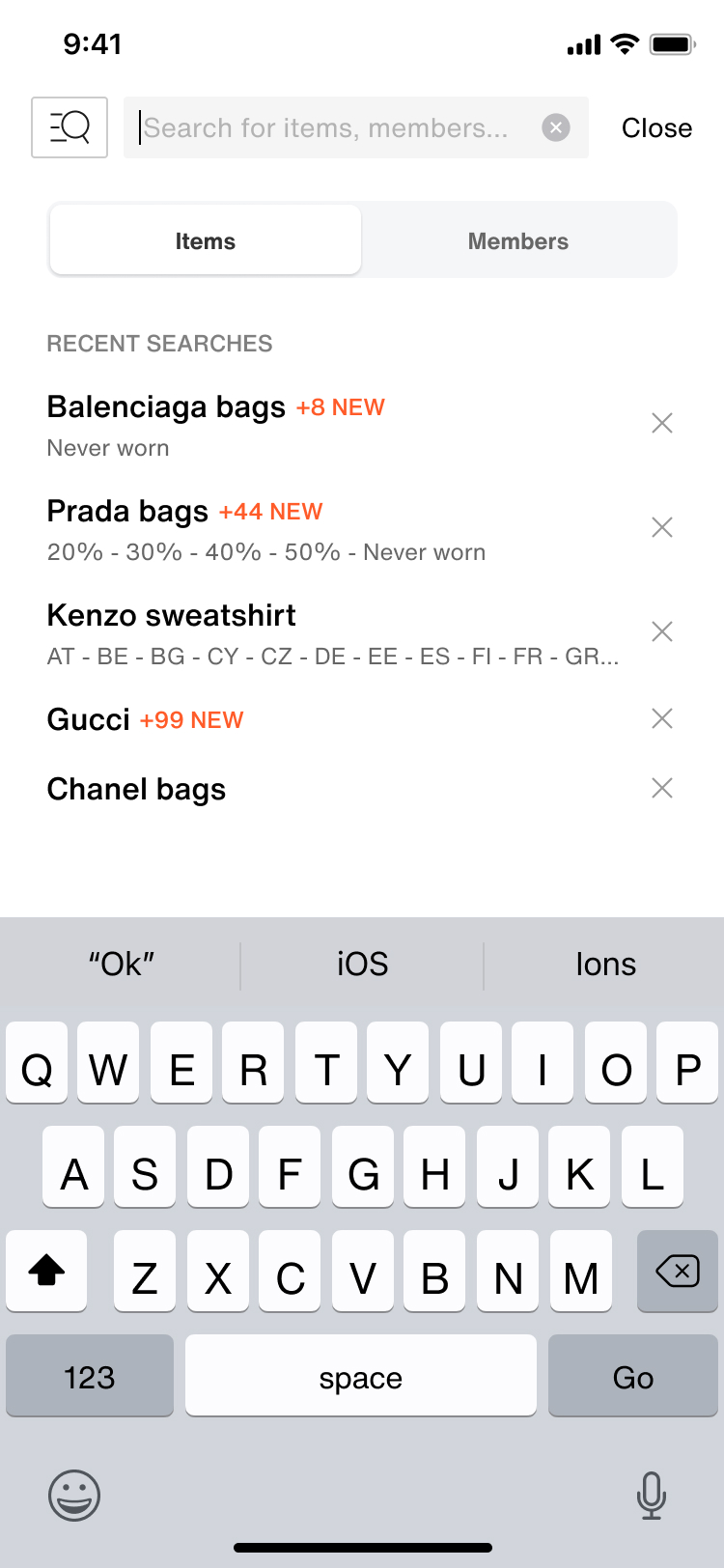 The app search screen before, showing recent searches