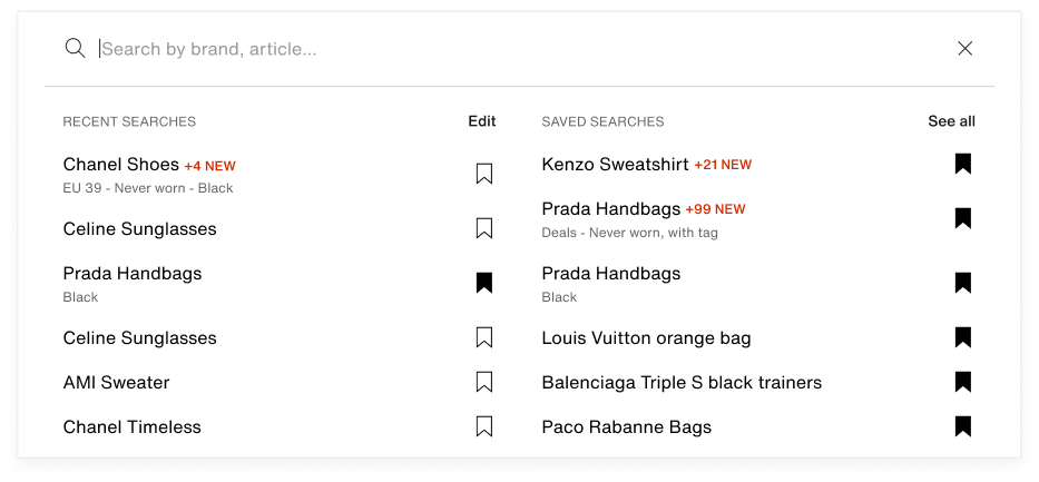 The web search bar after: saved searches listed alongside recent ones, with a bookmark icon