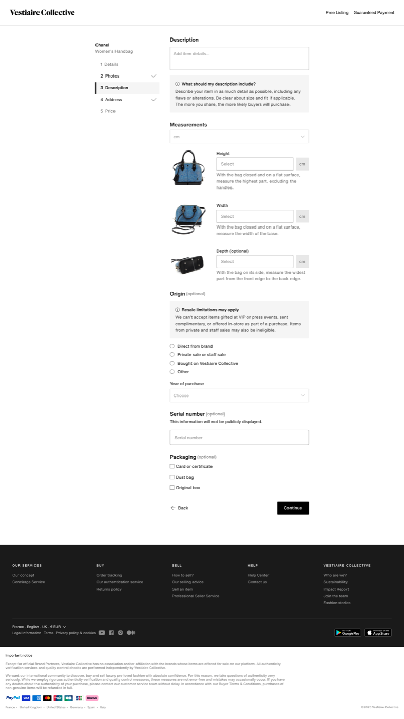 Manual listing flow on web: the description step with measurements, origin, serial number and packaging fields