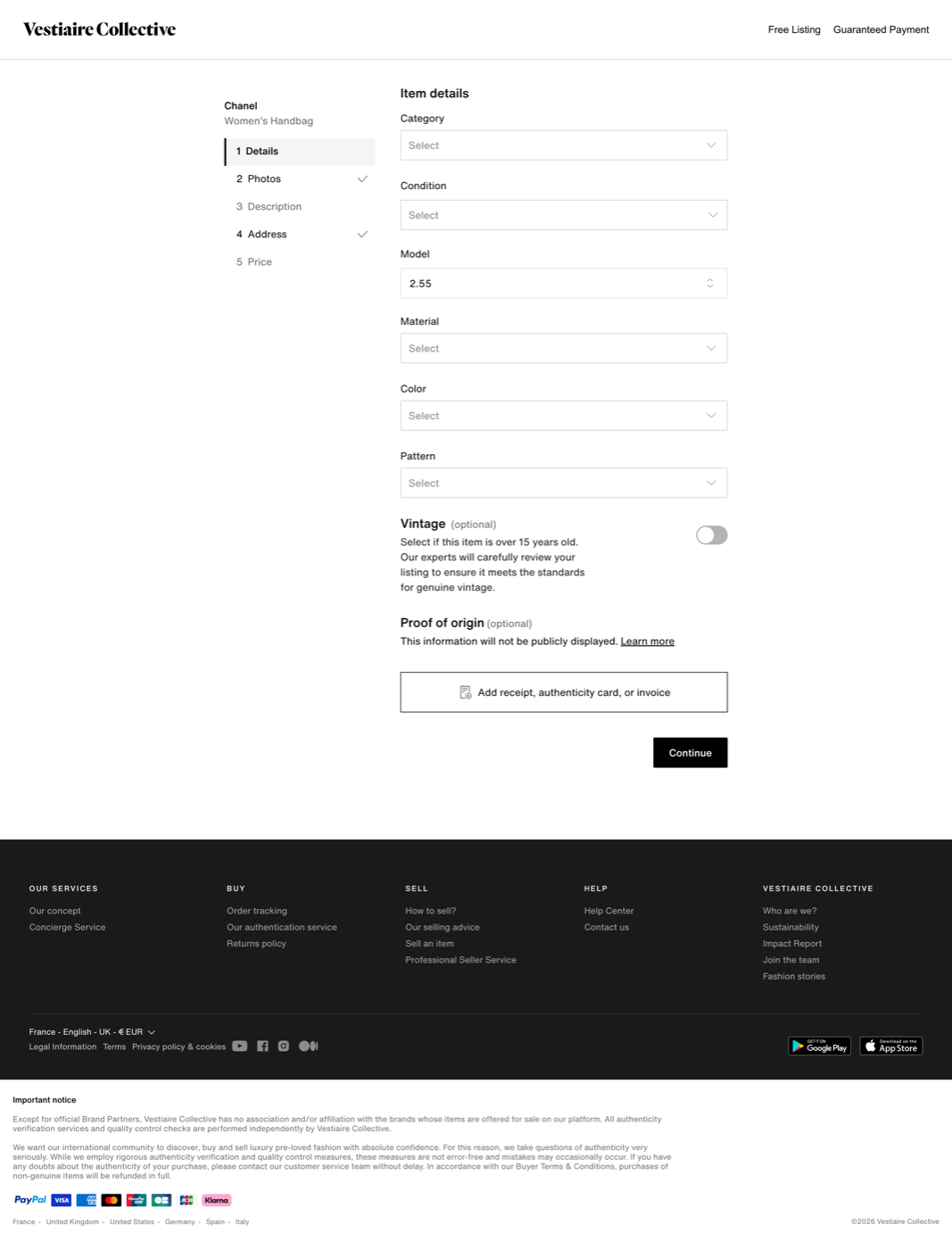 Manual listing flow on web: the item details step with brand, category and measurements to fill in