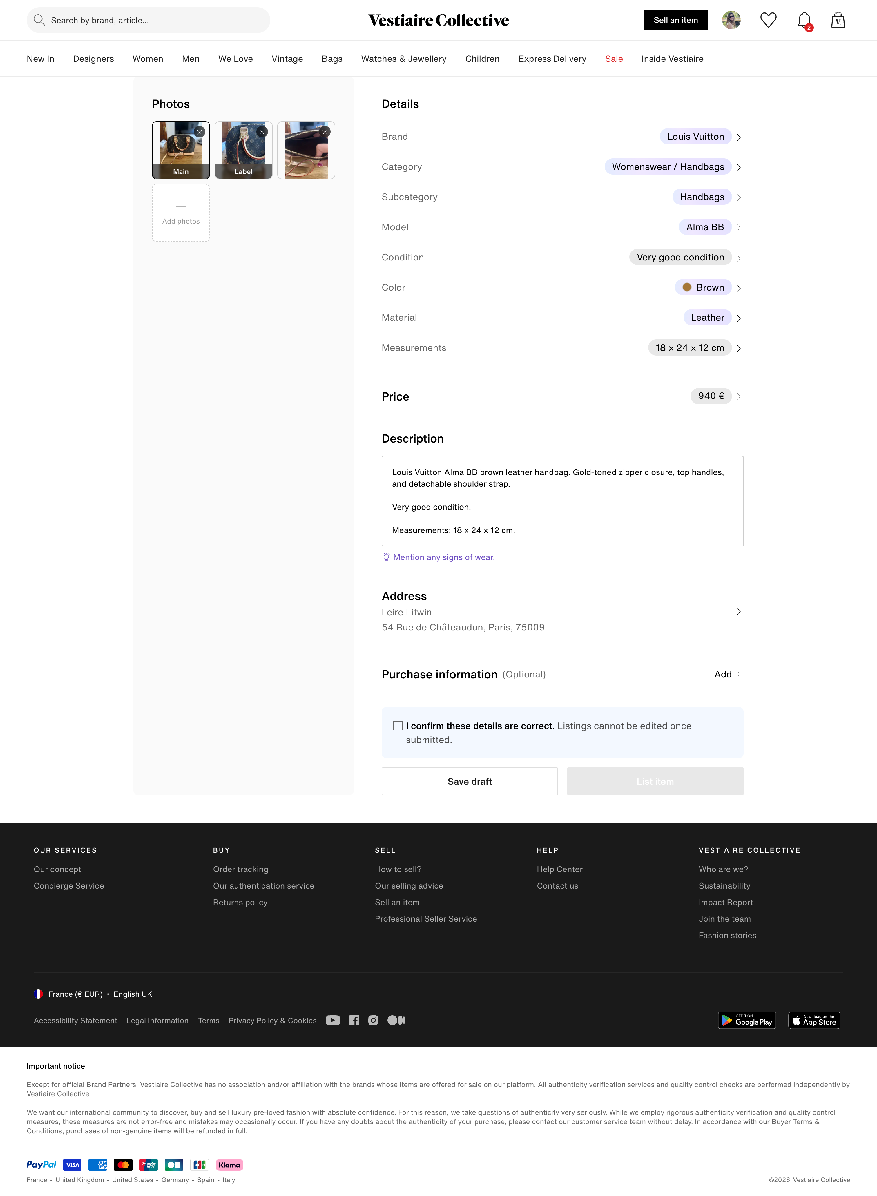 Smart Listing recap on web: photos on the left, prefilled brand, category, model, condition, colour, material, measurements, price and description on the right, all editable